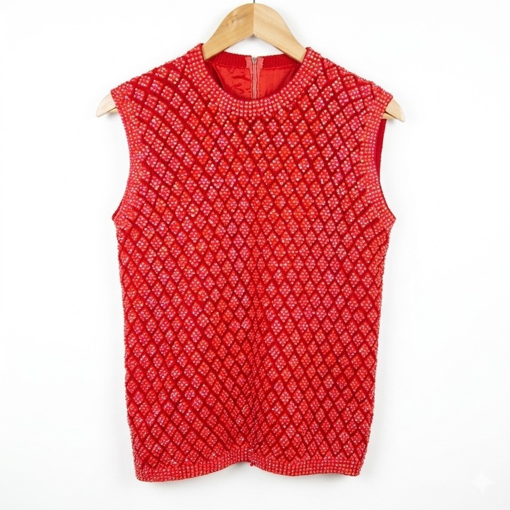Vtg‎ 60s Red Iridescent Beaded Top Sequin Diamond Lattice Sleeveless Sweater